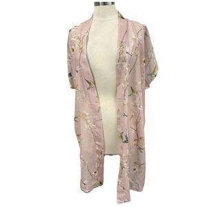 NWT JC Sunny Longline Floral Kimono Topper OS Pink Chiffon Birds Dragonfly Print